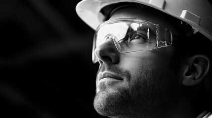 Poster - A construction worker with safety glasses and a hard hat gazes upward, contemplating his next action on a busy work site. Generative AI
