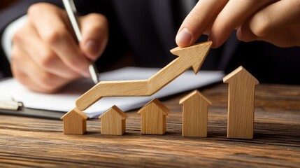 Fototapete - A hand positions a wooden arrow above small wooden houses, symbolizing growth and progress in real estate or investments.