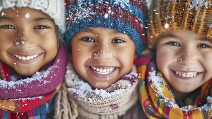 Joyful children from diverse backgrounds, adorned in vibrant woolen scarves featuring intricate snowflake designs, radiating happiness and warmth in a winter wonderland.