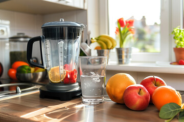  Contemporary kitchen countertop with blender, fresh fruits, and water glass