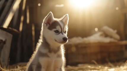 Husky Puppy in Sunset.