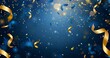 © RPL-Studio - Falling confetti on blue background, abstract background with dark blue and gold particle. Golden light shine particles Bokeh on navy blue background, celebration concept