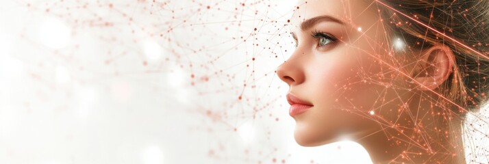 Fototapete - A beautiful young woman’s profile is illuminated by a vibrant network of data flows and connections, symbolizing digital innovation. Generative AI
