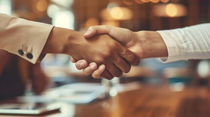 Business partnership handshake, two professionals in formal attire engaging in a confident handshake over a polished conference table, signifying collaboration and success