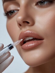 Aufkleber - A beautiful woman is receiving a hyaluronic acid injection for lip enhancement and skin rejuvenation in a skincare clinic. Generative AI