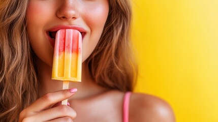 Aufkleber - The young woman licks a vibrant popsicle, savoring its flavor while standing in front of a sunny yellow wall. Generative AI