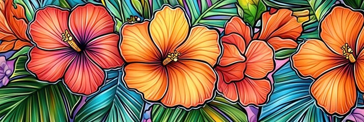 A close-up view of colorful hibiscus flowers with detailed lines and vibrant colors.