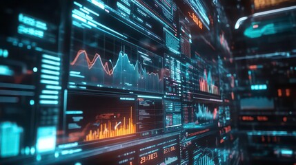 Fototapete - Abstract futuristic digital interface with glowing lines, graphs, and data visualizations.