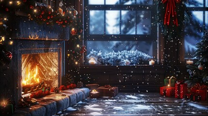 Cozy winter retreat, warm fireplace adorned with festive decorations, inviting ambiance complemented by a serene view of snow-covered windows outside