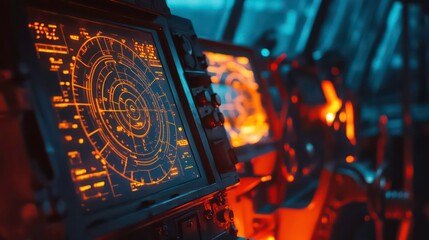 Poster - Close-up of a radar screen in a ship's cockpit, showing an orange and black display.