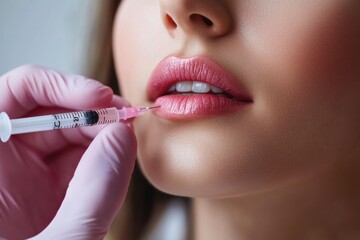 Leinwandbilder - A skilled professional administers a hyaluronic acid injection to enhance the woman's lips and rejuvenate her skin. Generative AI