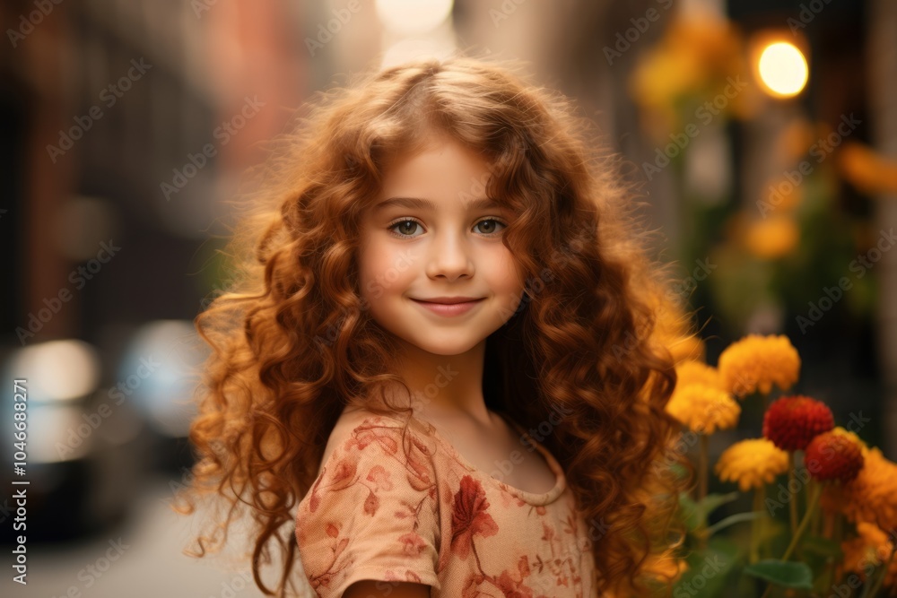 portrait of a beautiful little girl with long curly hair and bright ...