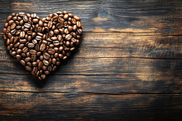 Closeup fresh roasted Arabian or aroma coffee beans on shape of heart. Organic coffee concept background. Top view, flat lay backdorp with copy space