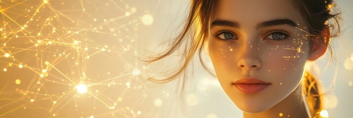Aufkleber - A young woman gazes confidently with a glowing data flow and network link backdrop, embodying modern technology and beauty. Generative AI