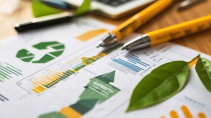 Poster - A close-up shot of a business report with green leaves and pens on a wooden desk.