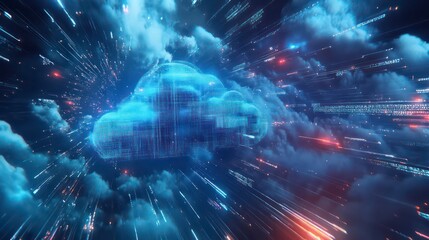 Aufkleber - A stylized cloud icon made of digital code bursts with light and data streams in the background.