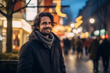 Portrait of a handsome young man with curly hair in a coat and scarf on a city street at night