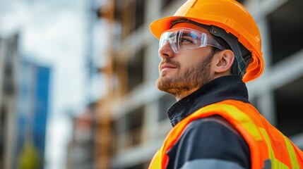 Fototapete - A construction worker wearing a hard hat and safety glasses surveys a bustling construction site, prioritizing safety and productivity. Generative AI