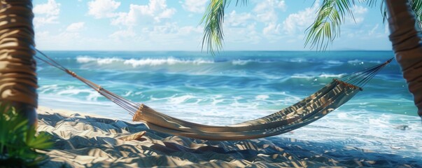 Poster - Relaxing beach scene with a hammock and ocean waves, 4K hyperrealistic photo