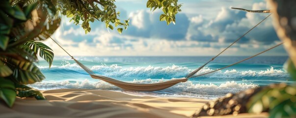 Wall Mural - Relaxing beach scene with a hammock and ocean waves, 4K hyperrealistic photo