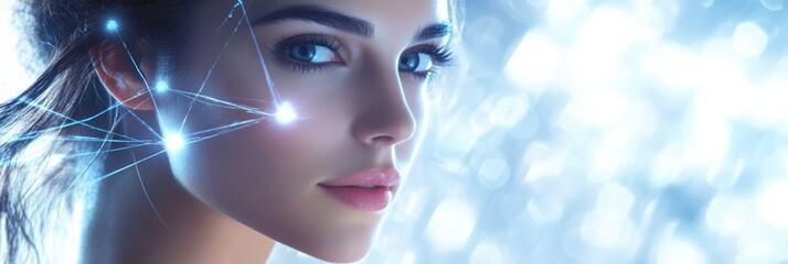 Aufkleber - A captivating young woman gazes directly, illuminated by a network of luminous connections and digital data flowing around her. Generative AI