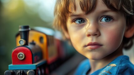 Close-up of a young French boy with a toy train