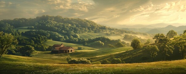 Canvas Print - Scenic countryside with rolling hills and a farmhouse, 4K hyperrealistic photo