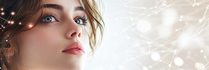 Aufkleber - A beautiful young woman, with captivating eyes, reflects on topics of technology, encapsulated by a digital data flow and networking backdrop. Generative AI