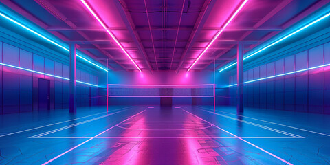 a room with a net and neon lights.

