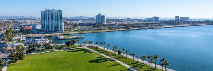 An aerial view of a city park and waterfront with buildings in the background.