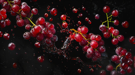 Red grape wine splashes in the air on a black background with berries of a ripe fresh grape harvest. Close-up of a bunch of grapes with splashes of red juice