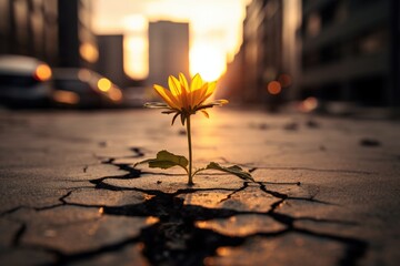 A small flower grow on cracked street