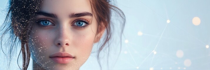 Aufkleber - A captivating young woman gazes directly at the viewer, surrounded by a digital landscape of interconnected data and glowing elements. Generative AI