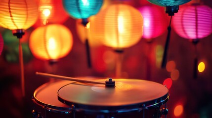 A close-up of a drum with drumsticks in front of a blurry background of colorful paper lanterns.