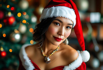 A joyful woman dressed in a Santa hat and festive attire stands in front of a beautifully decorated Christmas tree with warm lights.