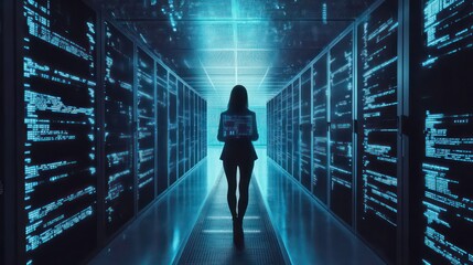 Poster - A woman in a server room stands in front of rows of servers. She holds a tablet. The room is lit by blue light and the servers have digital code on their screens.