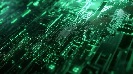 Poster - Abstract 3D rendering of a green circuit board with glowing lines.