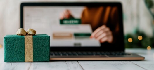 A festive green gift box is foregrounded against a laptop displaying a website, suggesting online shopping during the holiday season.