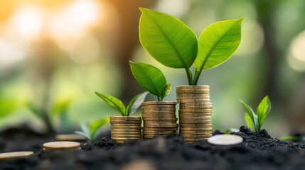 Aufkleber - Three stacks of gold coins with growing green plants in the middle of each stack. The coins are in the soil with a green background, and there are loose coins in the foreground.