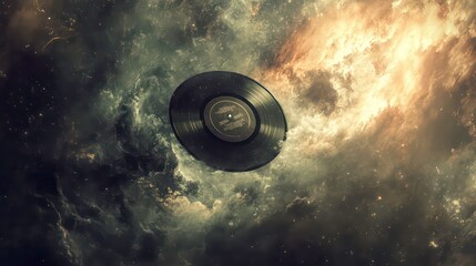 Wall Mural - A black vinyl record floats in a cosmic space filled with clouds and celestial dust, symbolizing the eternal nature of music.