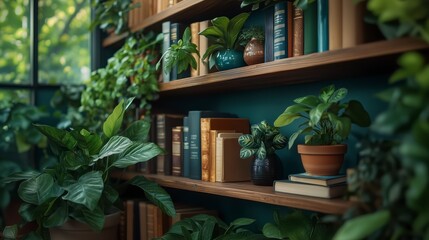 Cozy Minimalist Home Decor Shelves Displaying Houseplants and Books: Zoom Virtual Background, Cozy Interior Backdrop, Living Room Background for Virtual Meetings, Deep and Sophisticated