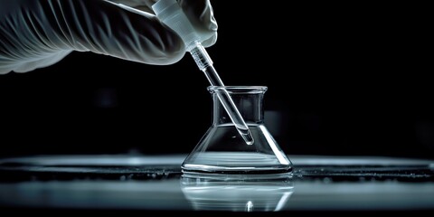gloved hand with pipette in a dark lab setting, perfect for medical research or laboratory equipment