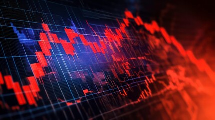 Poster - A close-up shot of a digital screen displaying a stock market graph with a red downward trend.