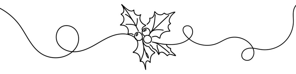 Wall Mural - continuous line drawing of holly berries and leaves creating a festive image for christmas projects.