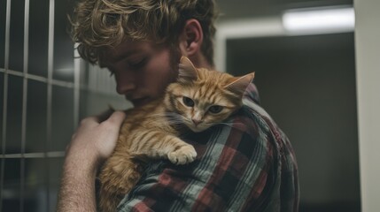 A gentle embrace between a man and his cat at a vet clinic captures a moment of comfort and affection in a caring environment.