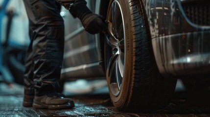 Poster - A person is carefully changing a tire on a vehicle in a brightly lit garage during the evening, showcasing various tools used. Generative AI