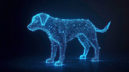 Fototapete - A glowing blue, digital dog illustration made up of connected lines and dots, standing on a dark background.