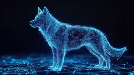 Leinwandbilder - A digital rendering of a wolf or dog made of glowing blue lines against a dark background.