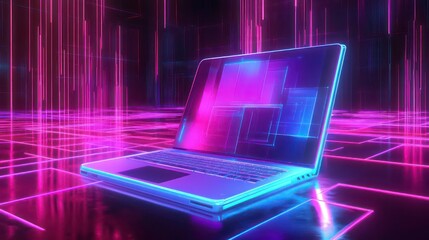 Poster - A futuristic laptop with neon glowing light in a digital space.