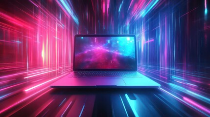 Aufkleber - A laptop computer is placed in a room with neon lights creating streaks of color.